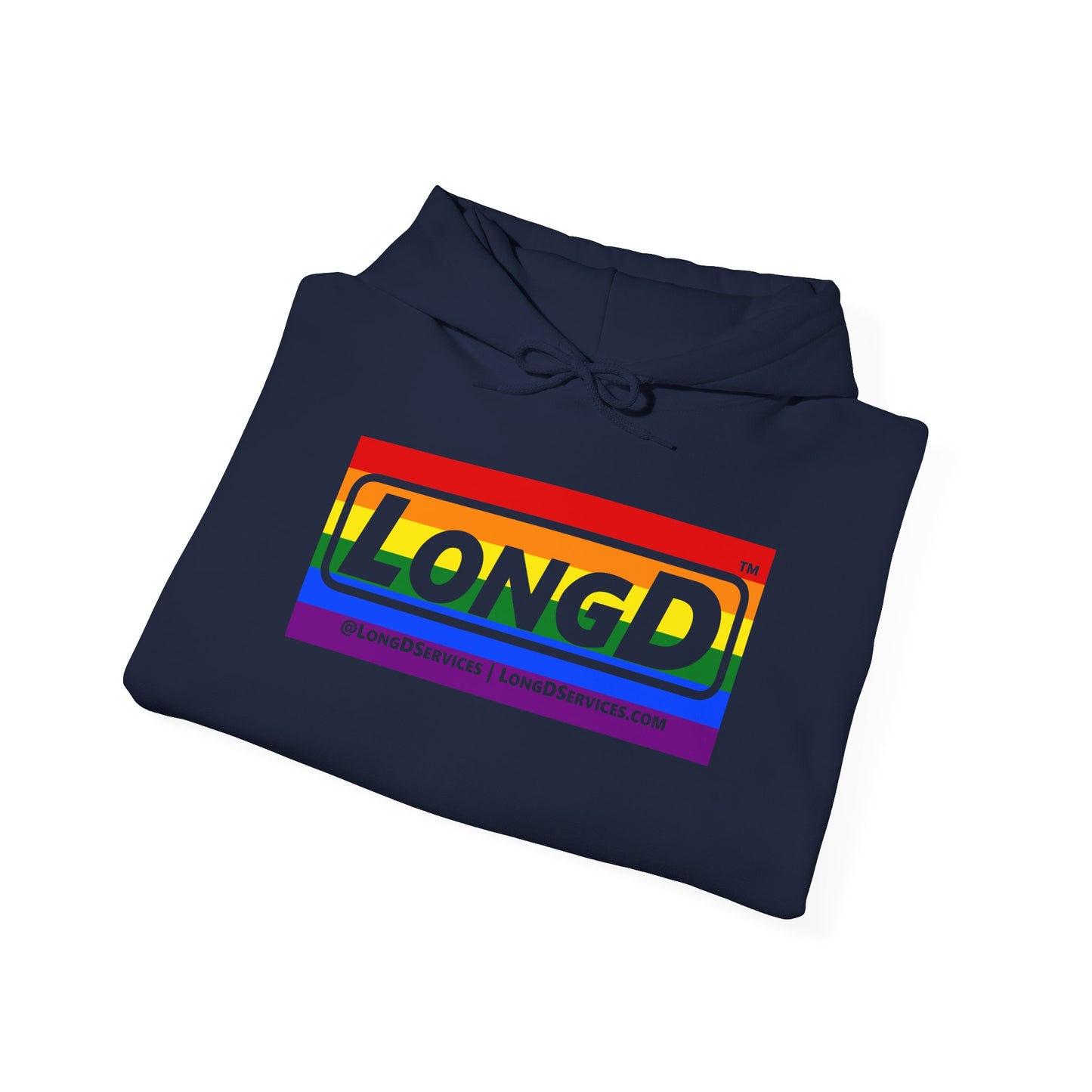 LongD® Logo Hoodie with Pride rainbow striped negative text
