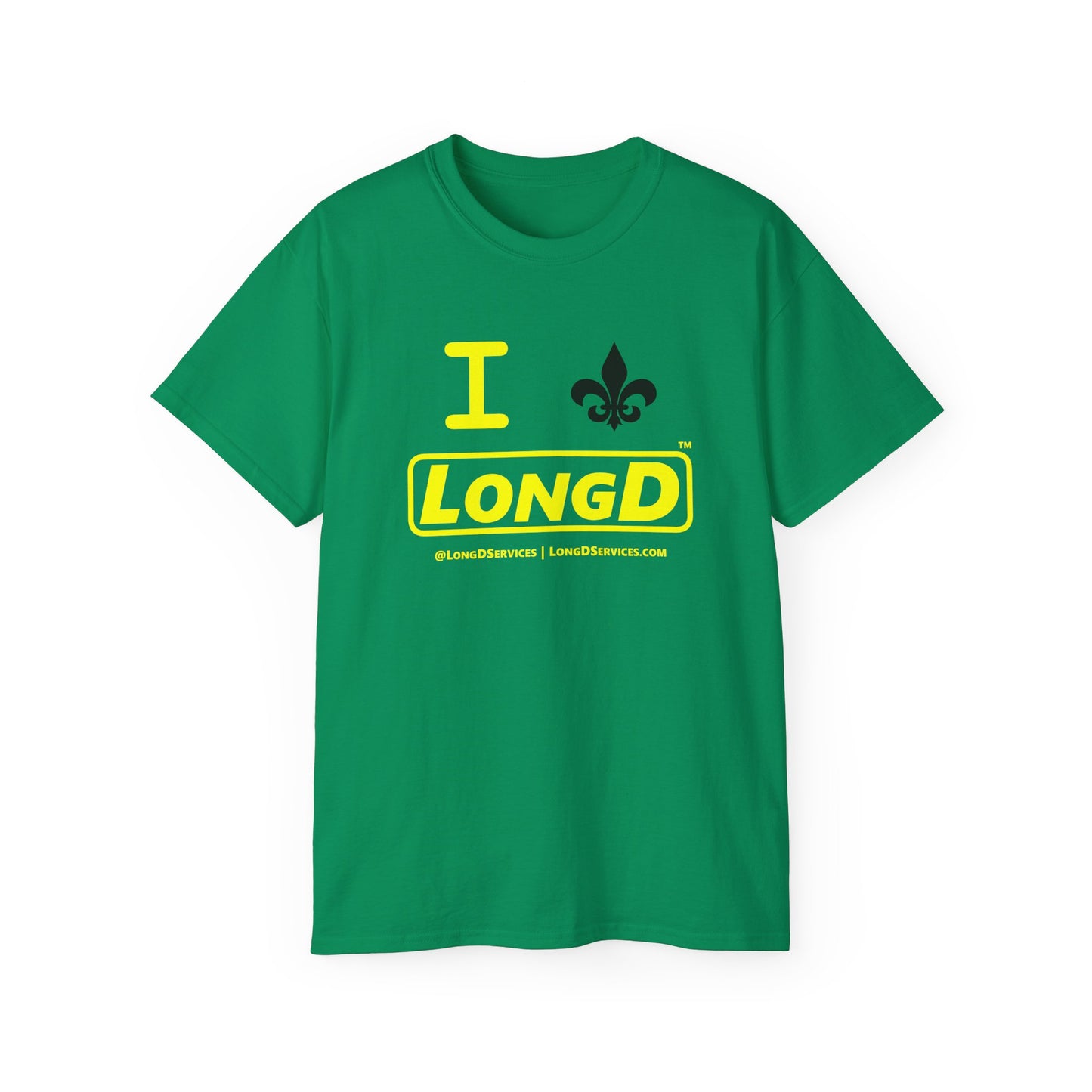 I Fleur LongD® Logo Cotton Tee (yellow text & black fleur de lis)