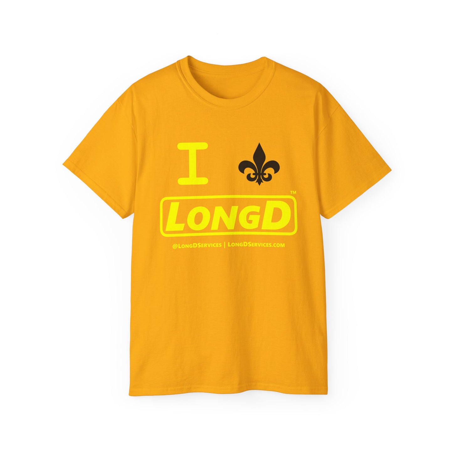 I Fleur LongD® Logo Cotton Tee (yellow text & black fleur de lis)