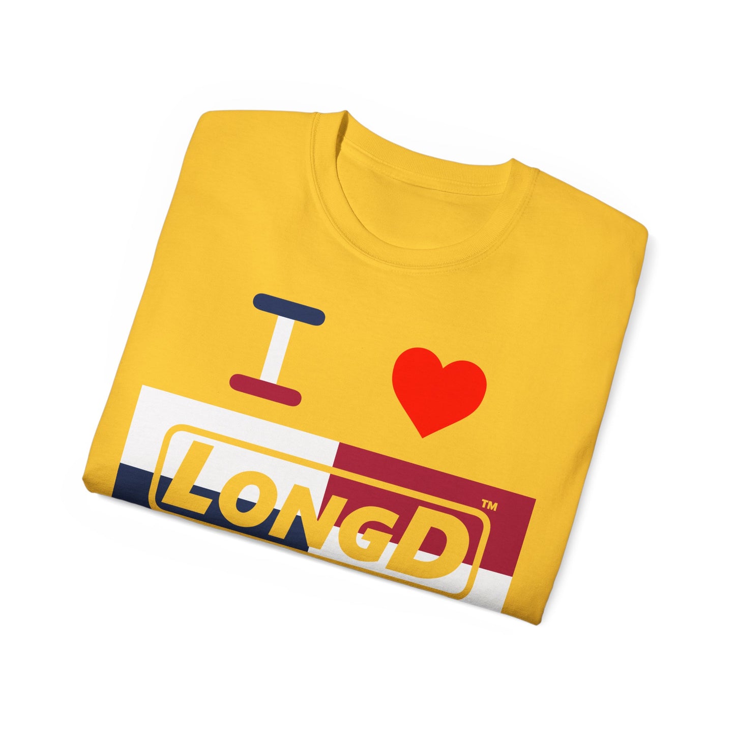 I Luv LongD® Logo Cotton Tee Red, White and Blue negative quarters text