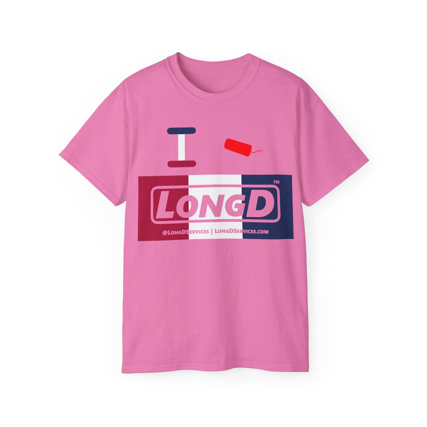 I Firecracker LongD® Logo Cotton Tee Red, White and Blue negative thirds text