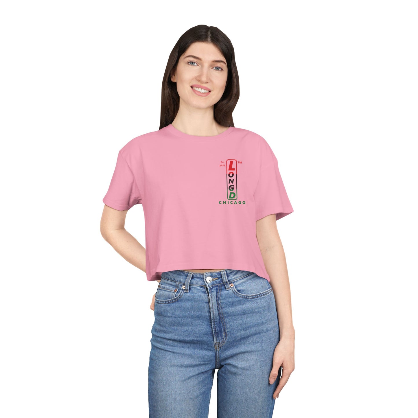 Positive horizontal 3-striped upright single-breasted Chicago logo crop tee (Juneteenth colors)