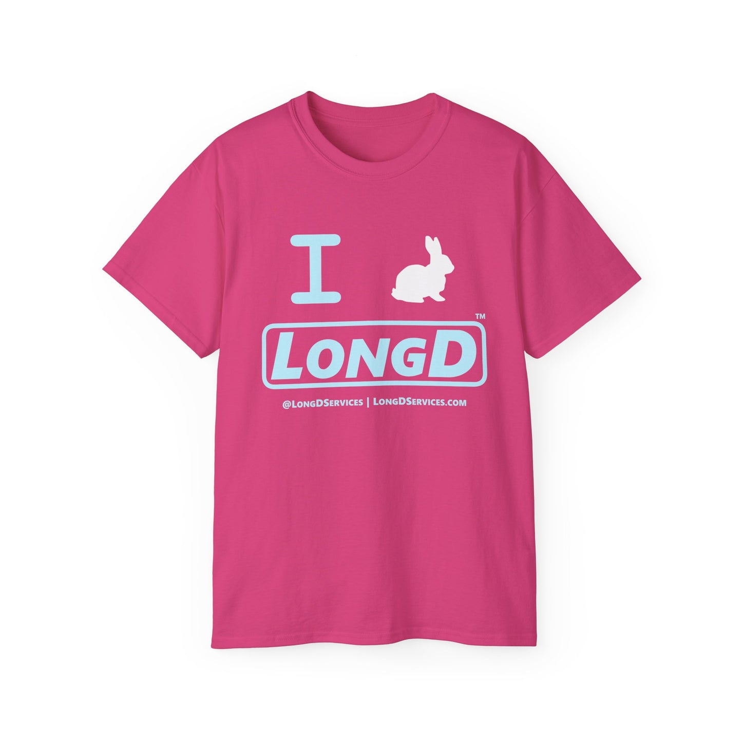 I Bunny LongD® Logo Cotton Tee Easter pastel blue text (white Easter Bunny)