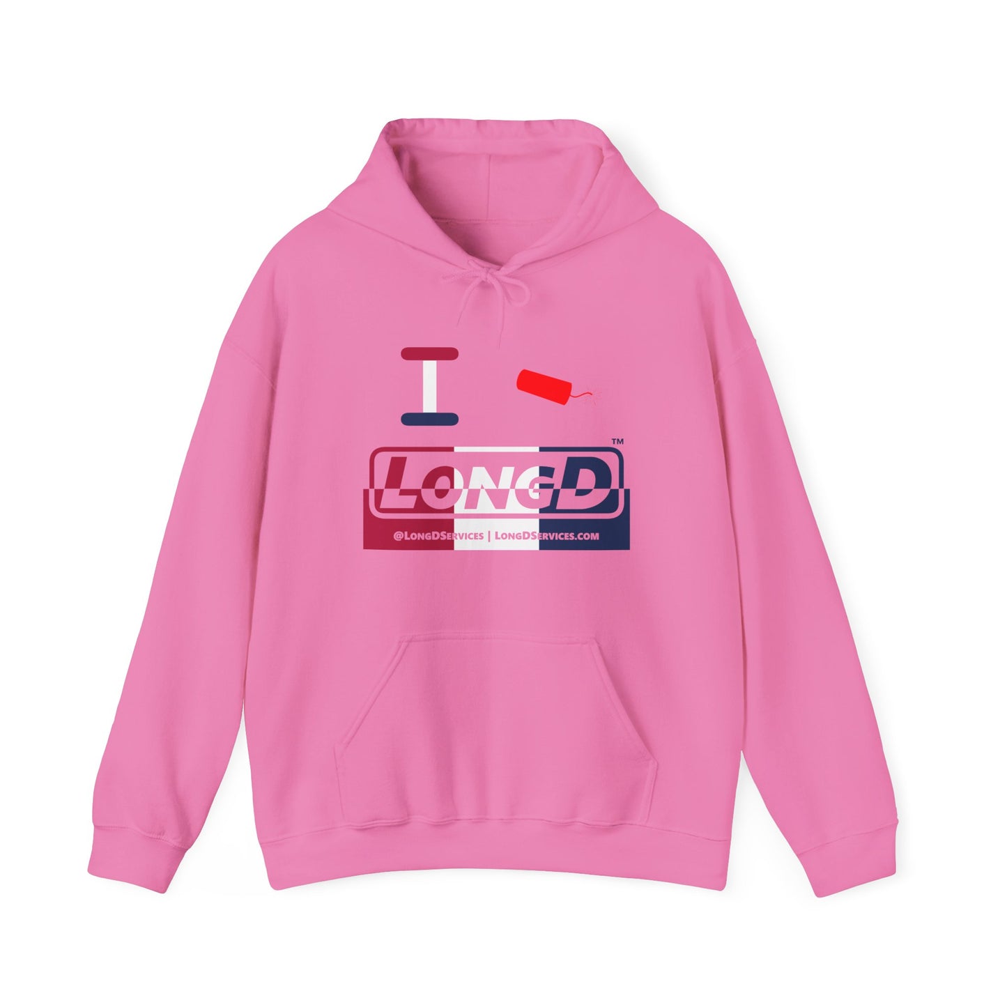I Firecracker LongD® Logo Hoodie red, white and blue positive top negative bottom thirds