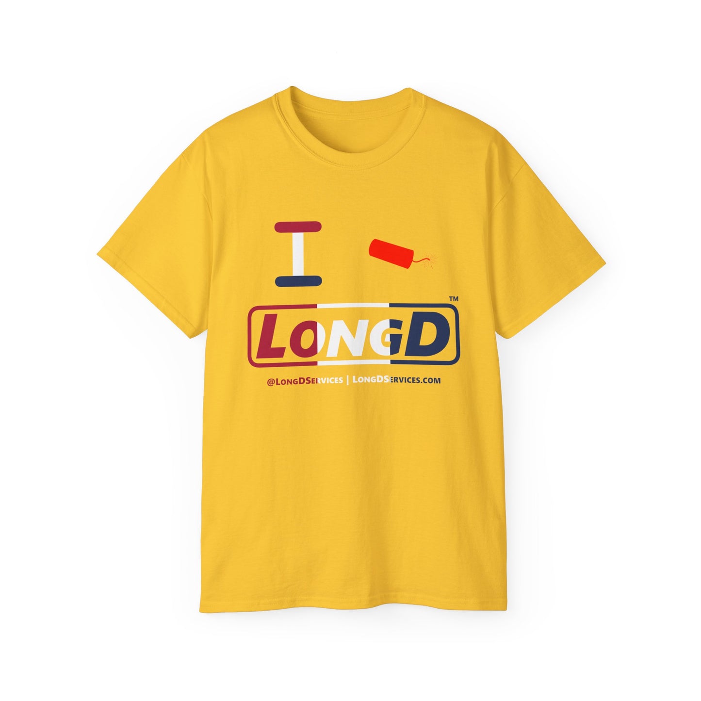 I Firecracker LongD® Logo Cotton Tee Red, White and Blue positive thirds text