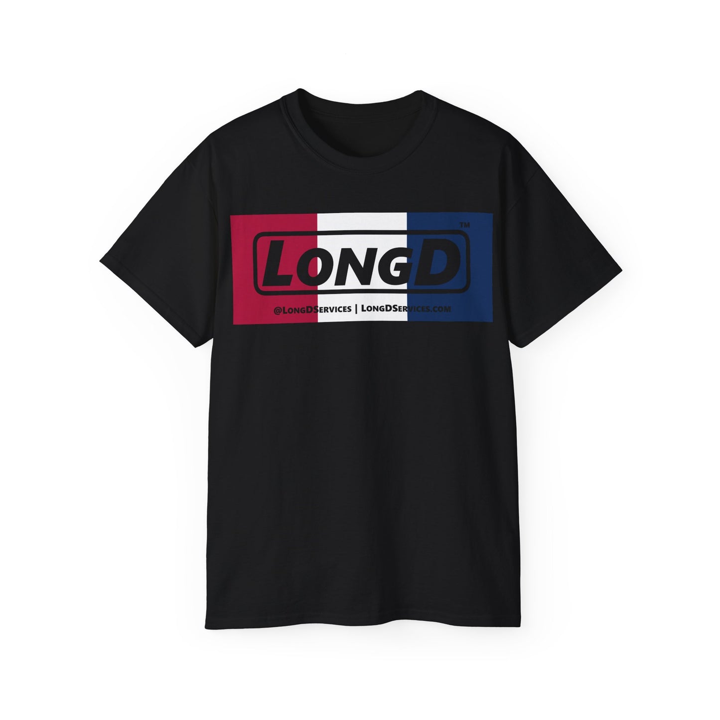 LongD® Logo Cotton Tee Red, White and Blue negative thirds text