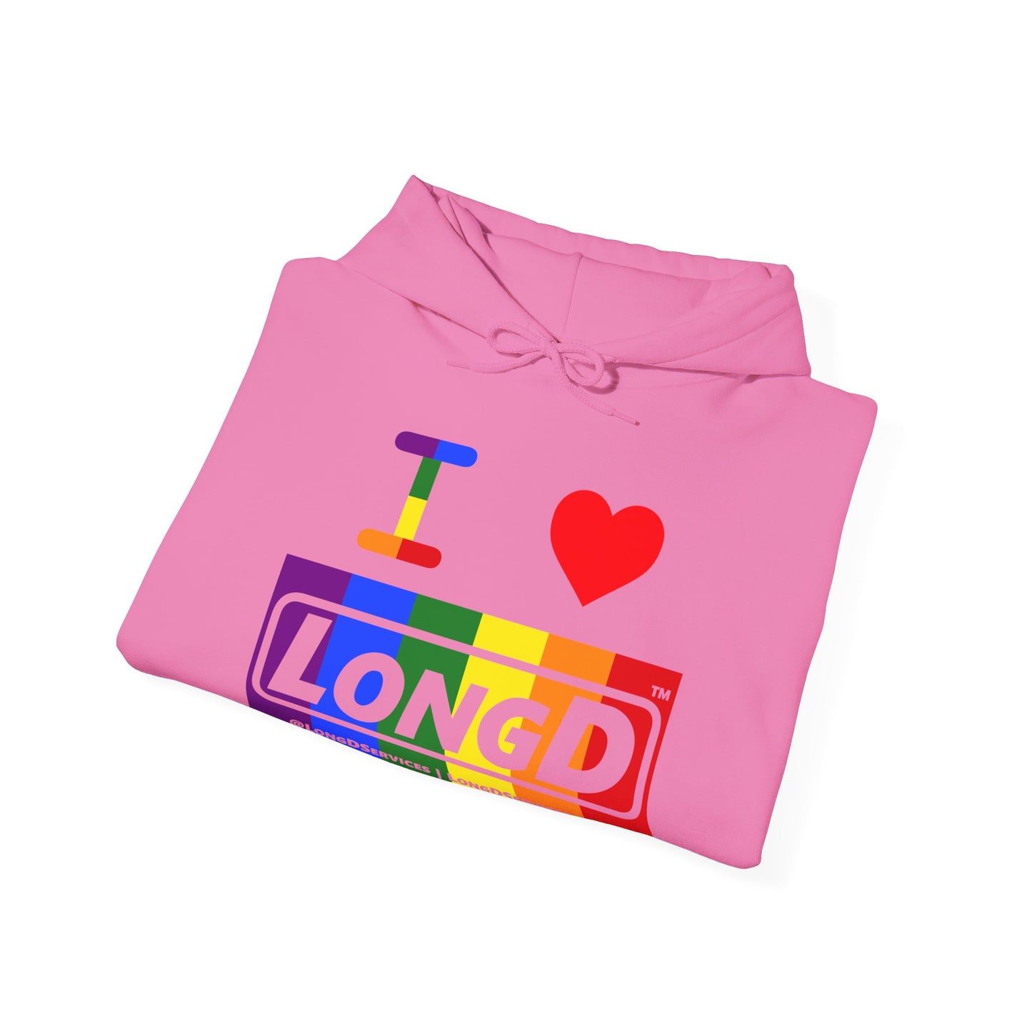 I Luv LongD® Logo Hoodie with Pride rainbow negative text