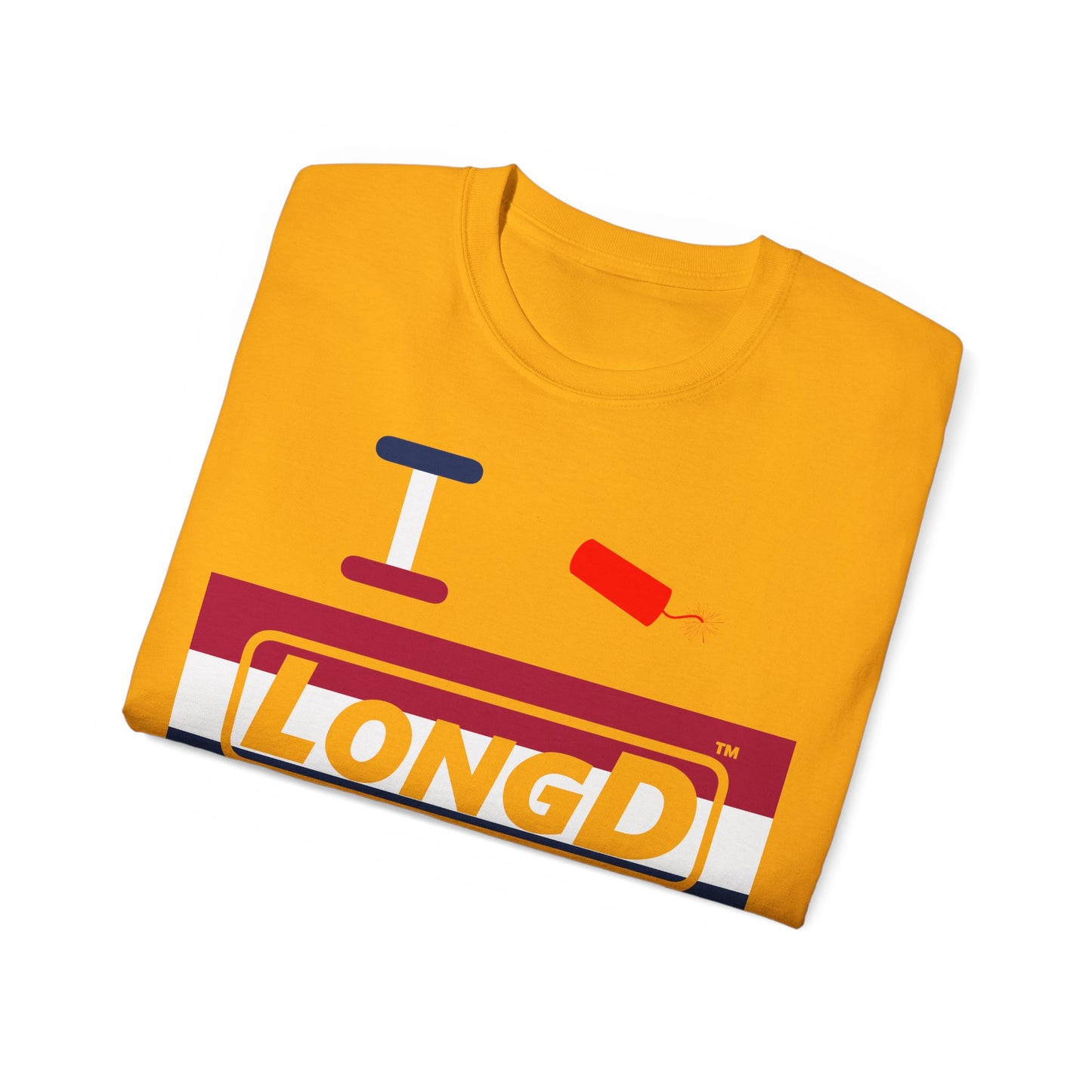 I Firecracker LongD® Logo Cotton Tee Red, White and Blue striped thirds text