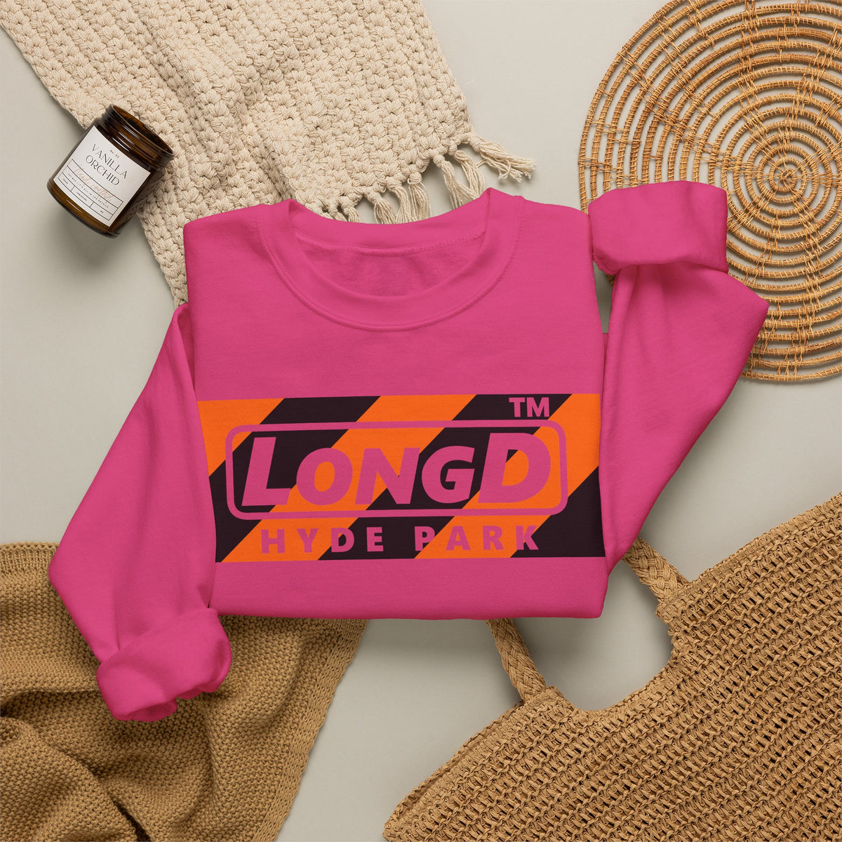 LongD Hyde Park negative diagonal 6-striped front-back logo (Halloween colors) crewneck sweatshirt