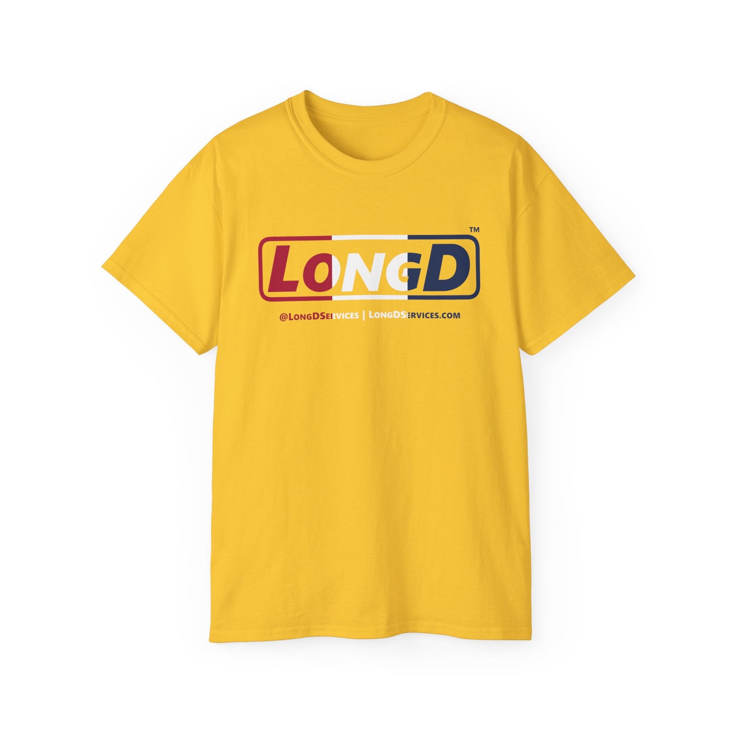 LongD® Logo Cotton Tee Red, White and Blue positive thirds text