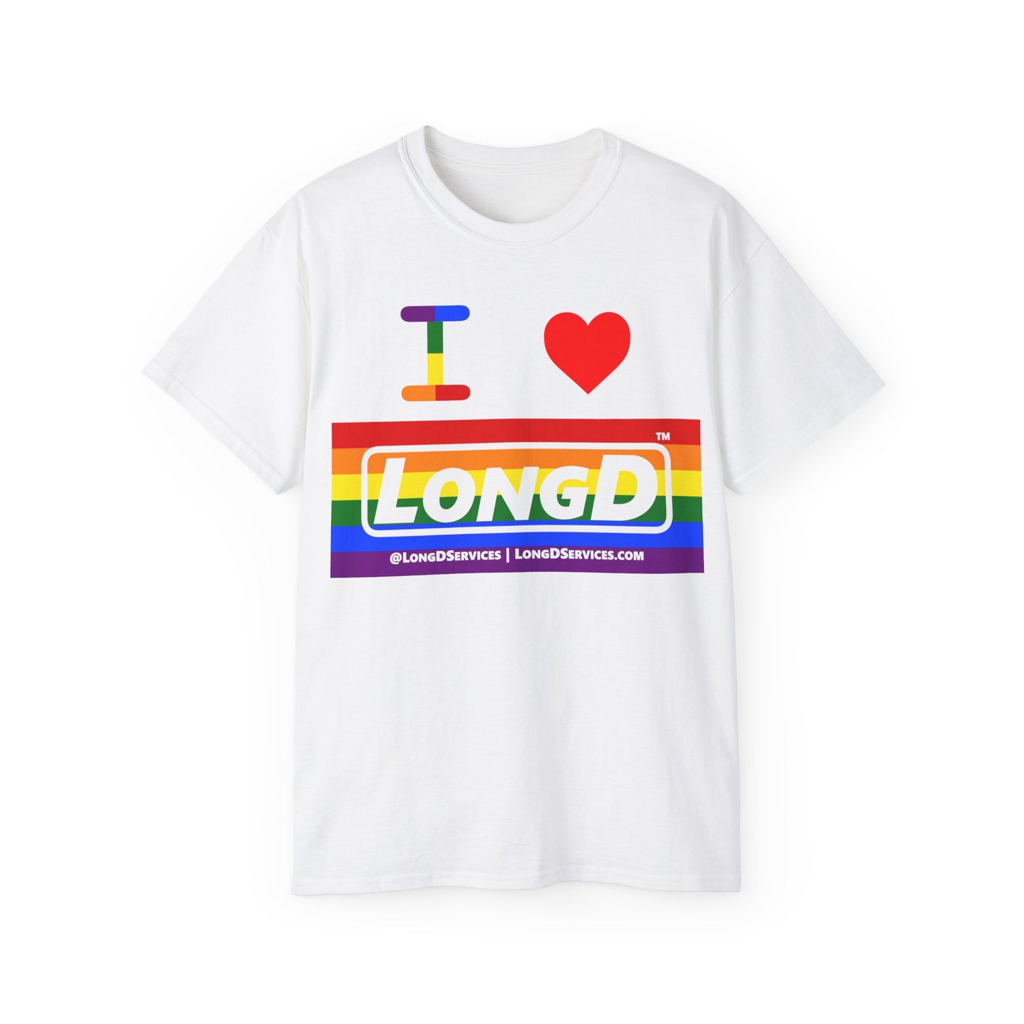I Luv LongD® Logo Cotton Tee Pride striped negative text