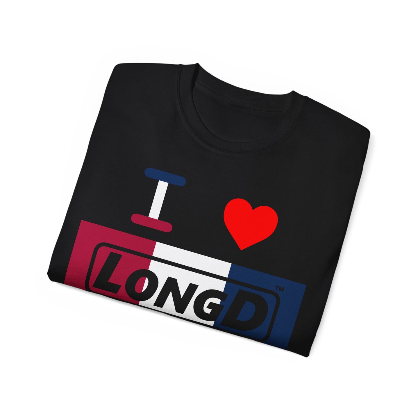 I Luv LongD® Logo Cotton Tee Red, White and Blue negative thirds text