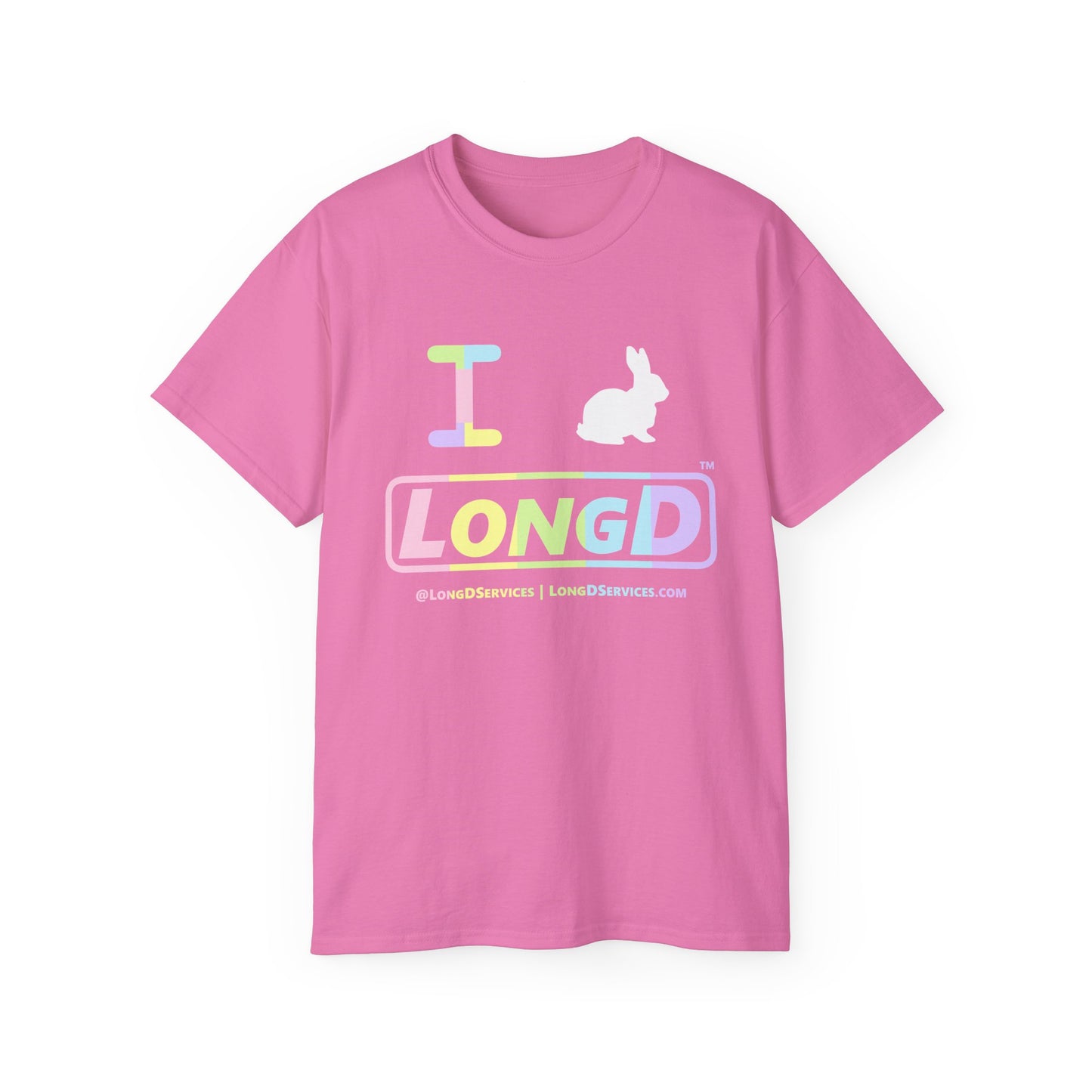I Bunny LongD® Logo Cotton Tee Easter pastel spectrum text (white Easter Bunny)