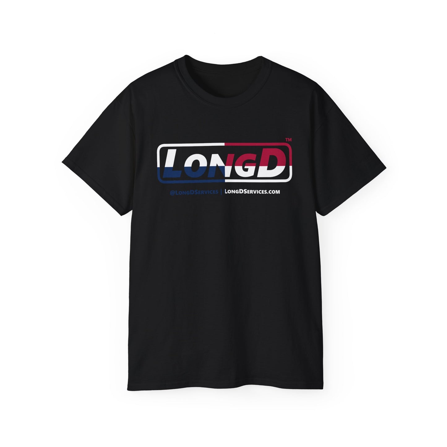 LongD® Logo Cotton Tee Red, White and Blue positive quarters text