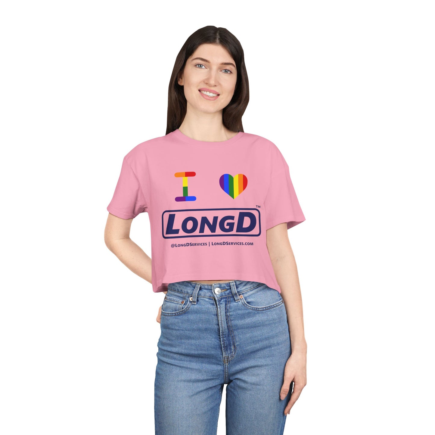 I Luv LongD Logo Women's Crop Tee (Official logo-Pride color rainbow heart and text)