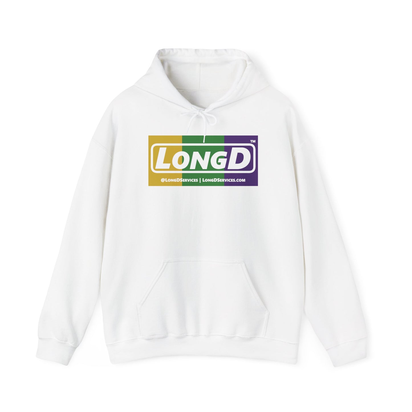 LongD® Logo Hoodie (Mardi Gras Forest Green-Royal Purple-Goldenrod Yellow negative text)