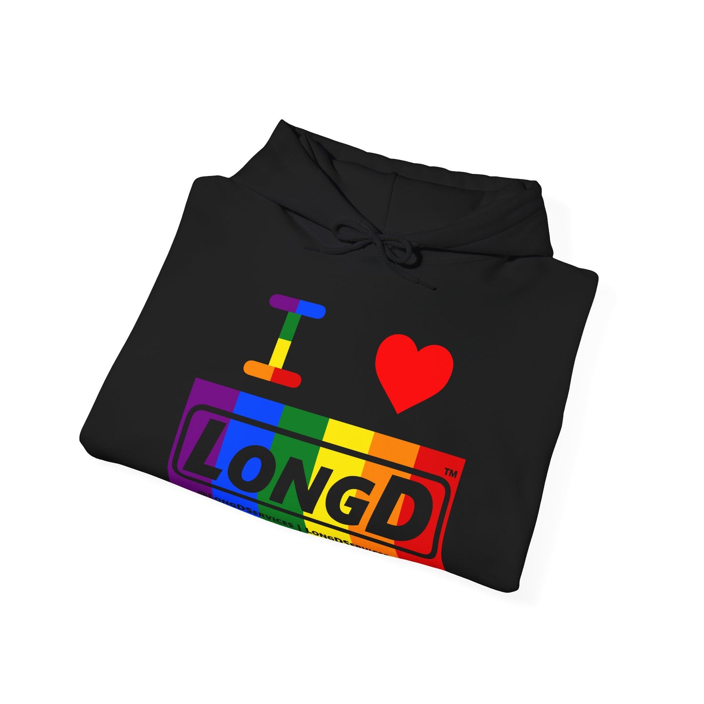 I Luv LongD® Logo Hoodie with Pride rainbow negative text