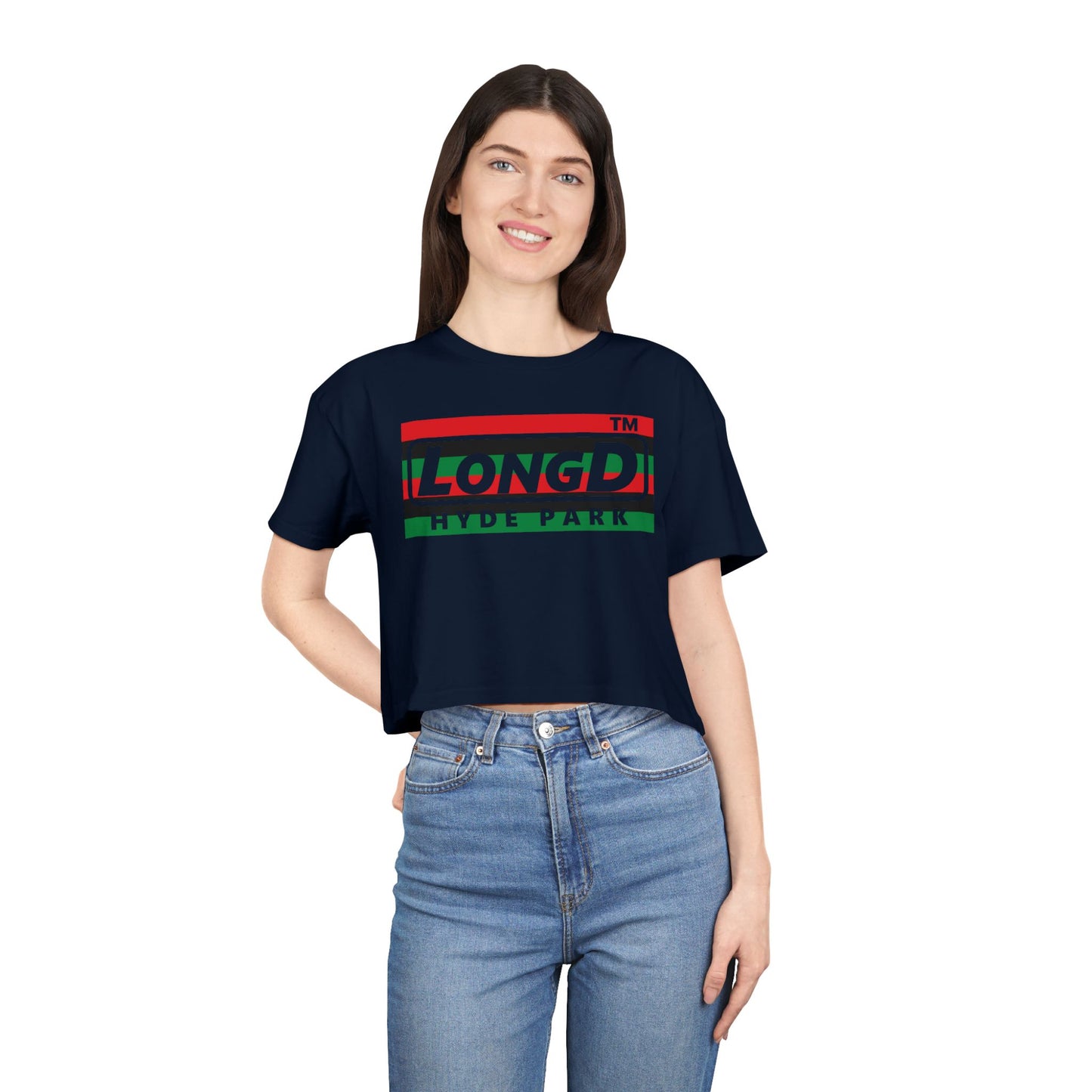 LongD negative horizontal 6-striped Hyde Park logo crop tee (Juneteenth colors)