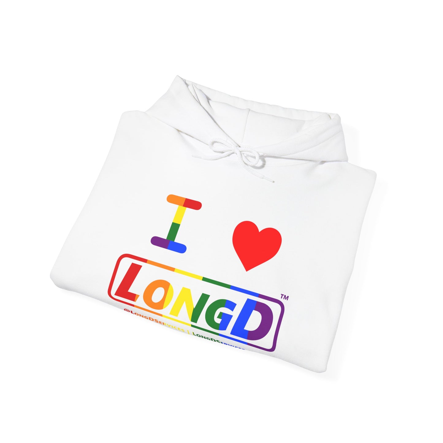 I Luv LongD® Logo Hoodie with Pride rainbow positive text