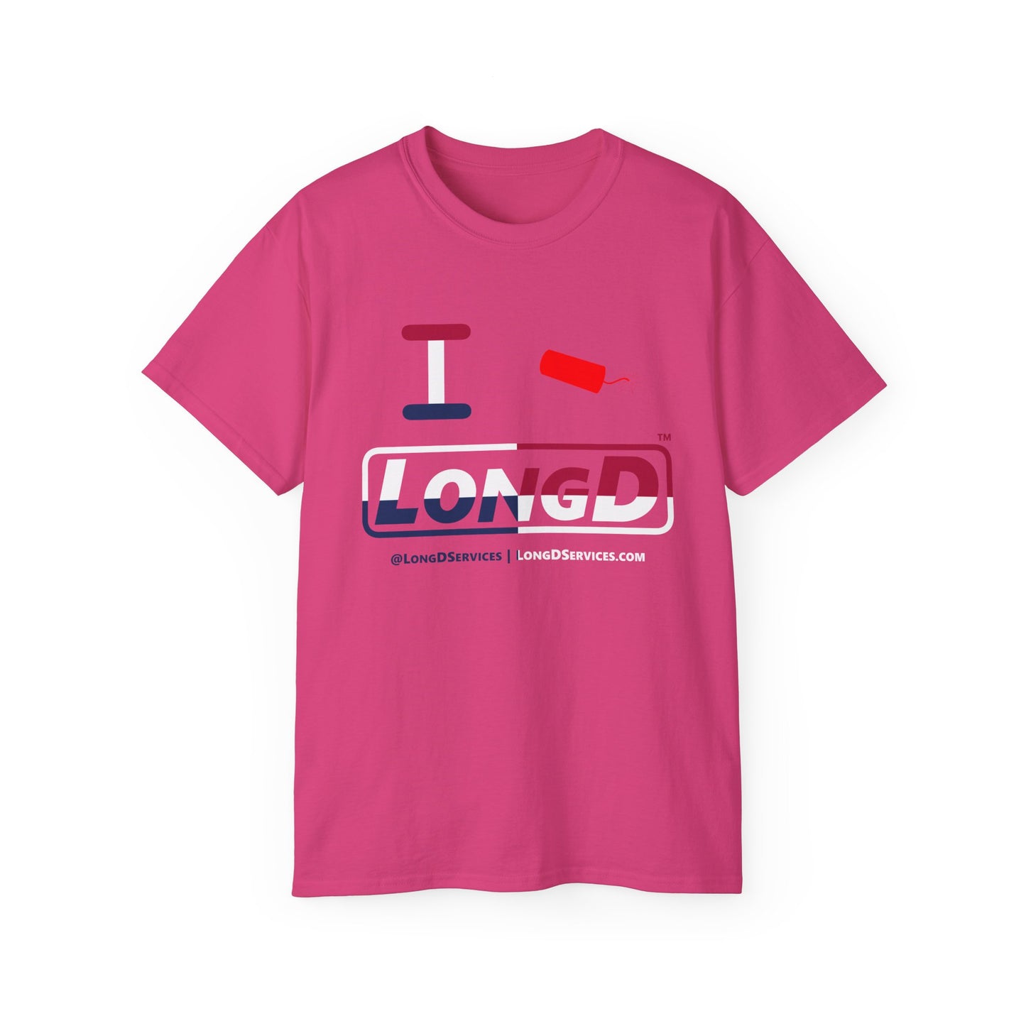 I Firecracker LongD® Logo Cotton Tee Red, White and Blue positive quarters text