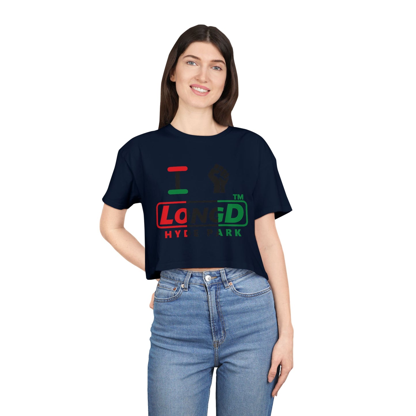 I fist LongD positive vertical 3-striped Hyde Park logo crop tee