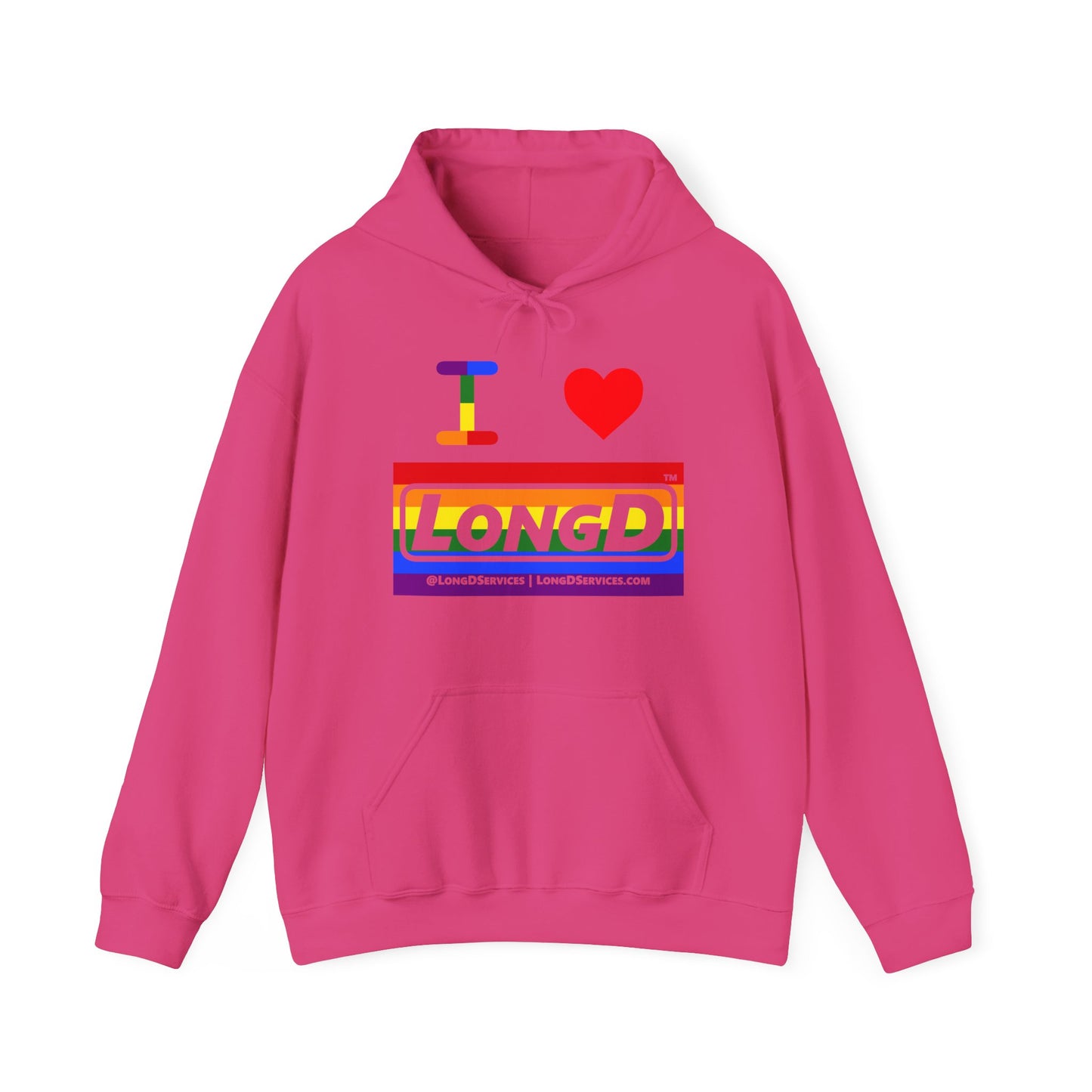 I Luv LongD® Logo Hoodie with Pride rainbow striped negative text