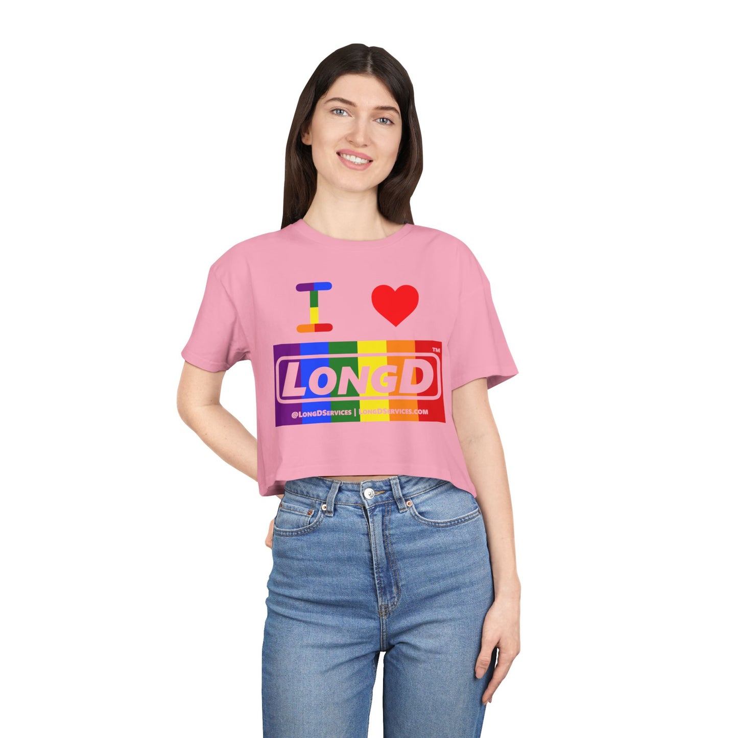 I Luv LongD Logo Women's Crop Tee (Pride color rainbow negative logo)