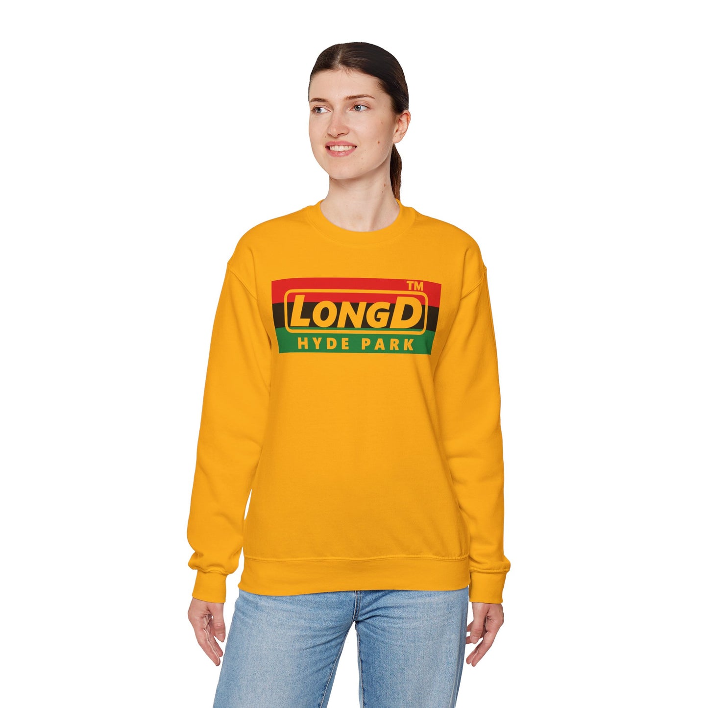 LongD negative horizontal 3-striped Hyde Park logo crewneck sweatshirt (Juneteenth colors)