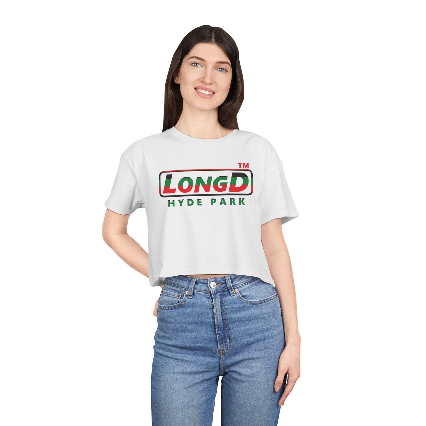 LongD positive horizontal 6-striped Hyde Park logo crop tee (Juneteenth colors)
