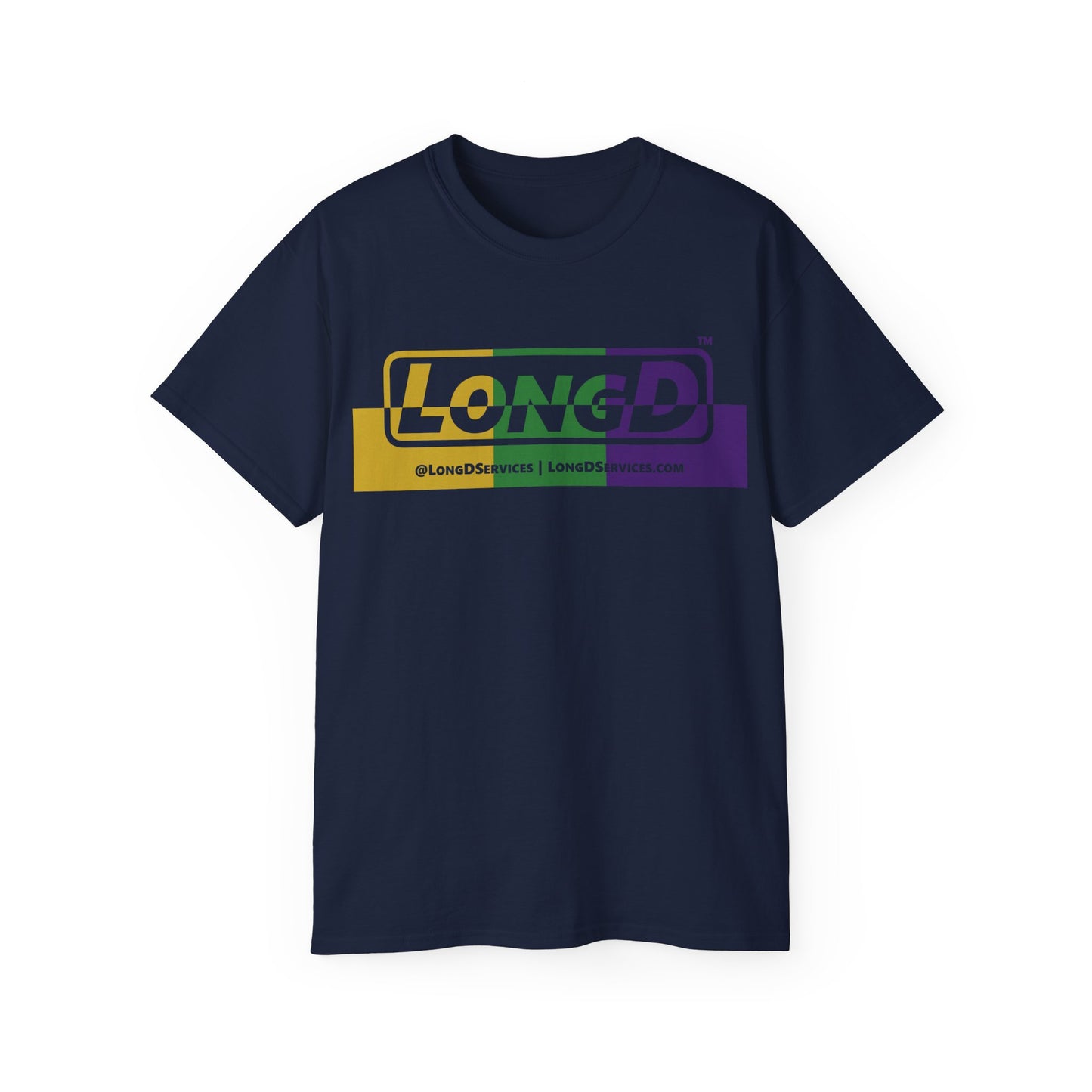 LongD® Logo Cotton Tee (positive top and negative bottom Mardi Gras colored text)