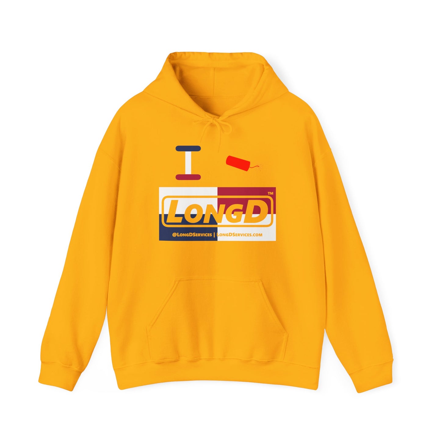 I Firecracker LongD® Logo Hoodie red, white and blue negative quarters