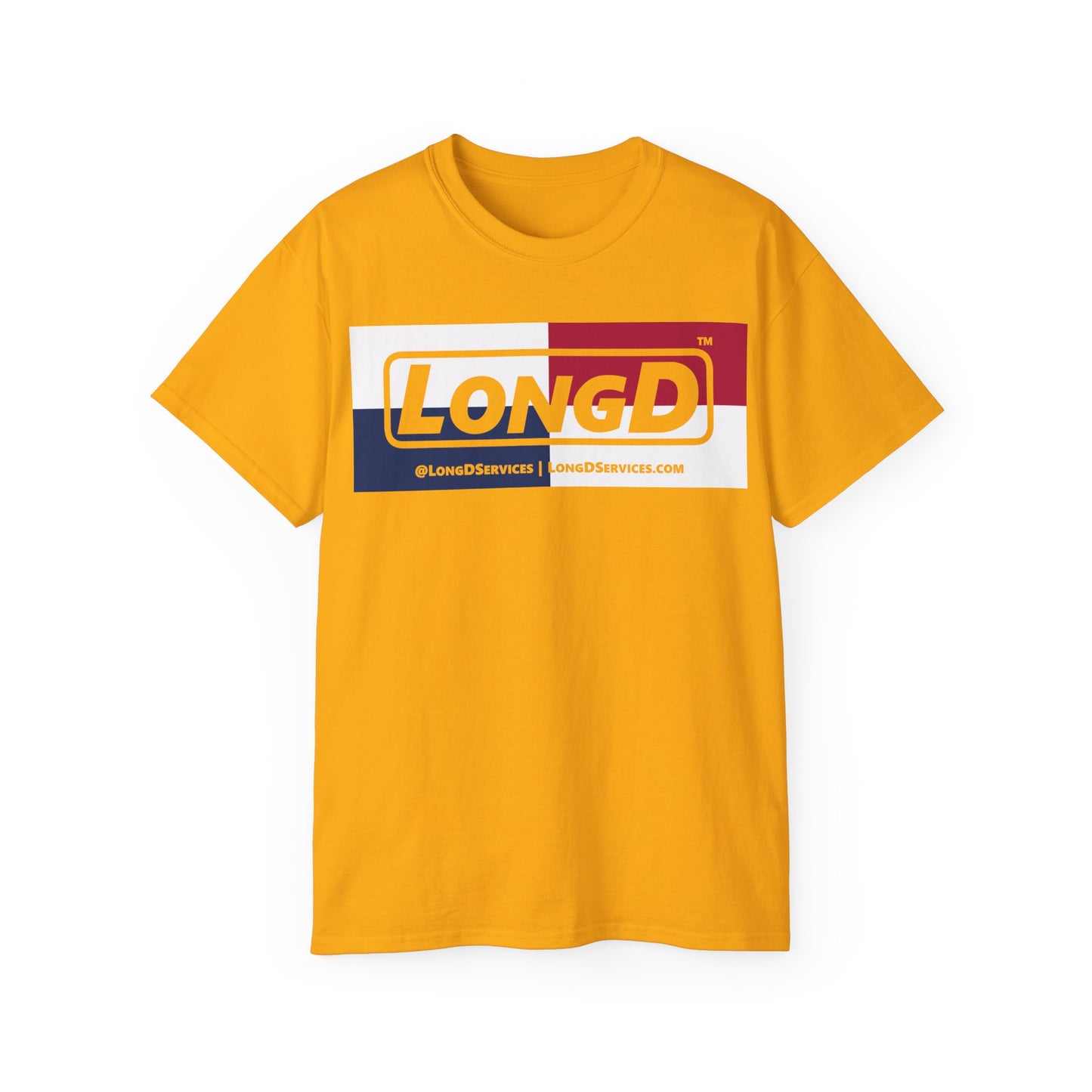 LongD® Logo Cotton Tee Red, White and Blue negative quarters text