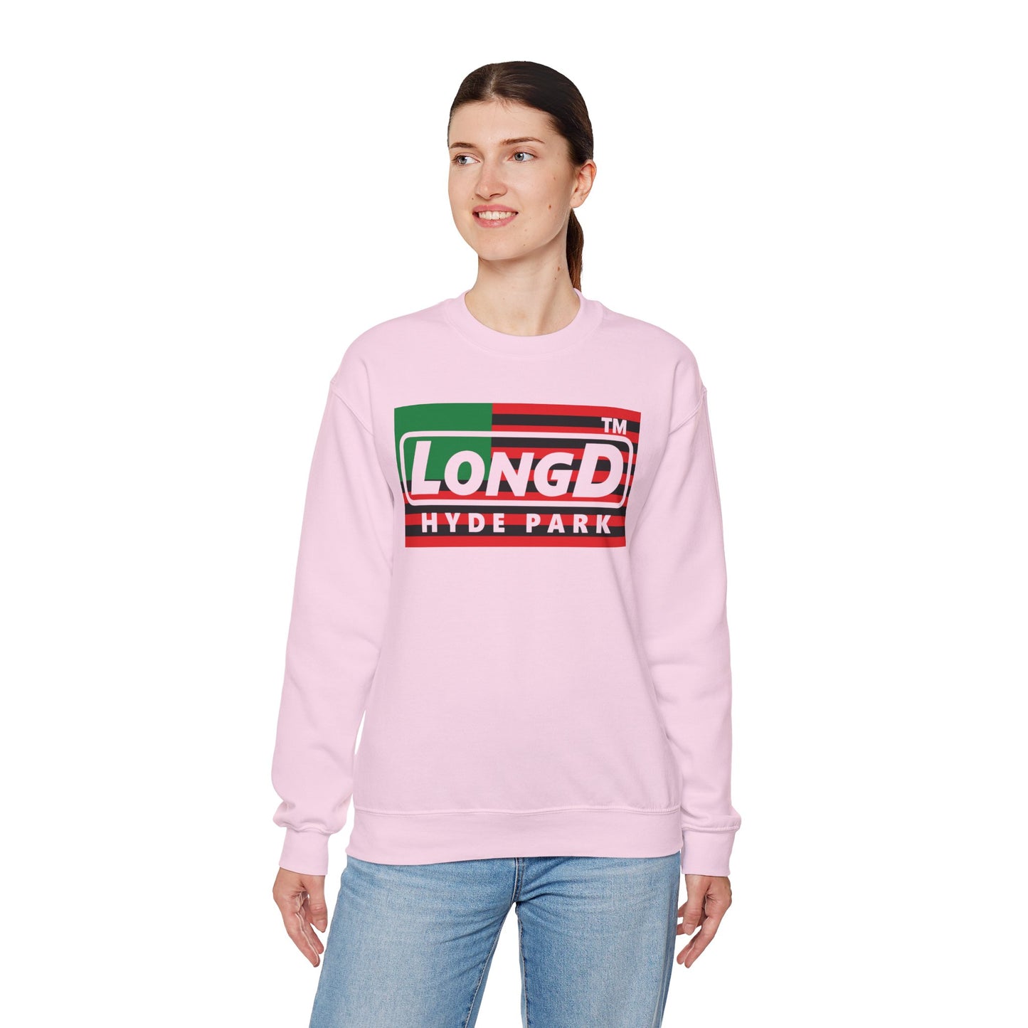 LongD negative flag front-back Hyde Park logo crewneck sweatshirt (Juneteenth colors)