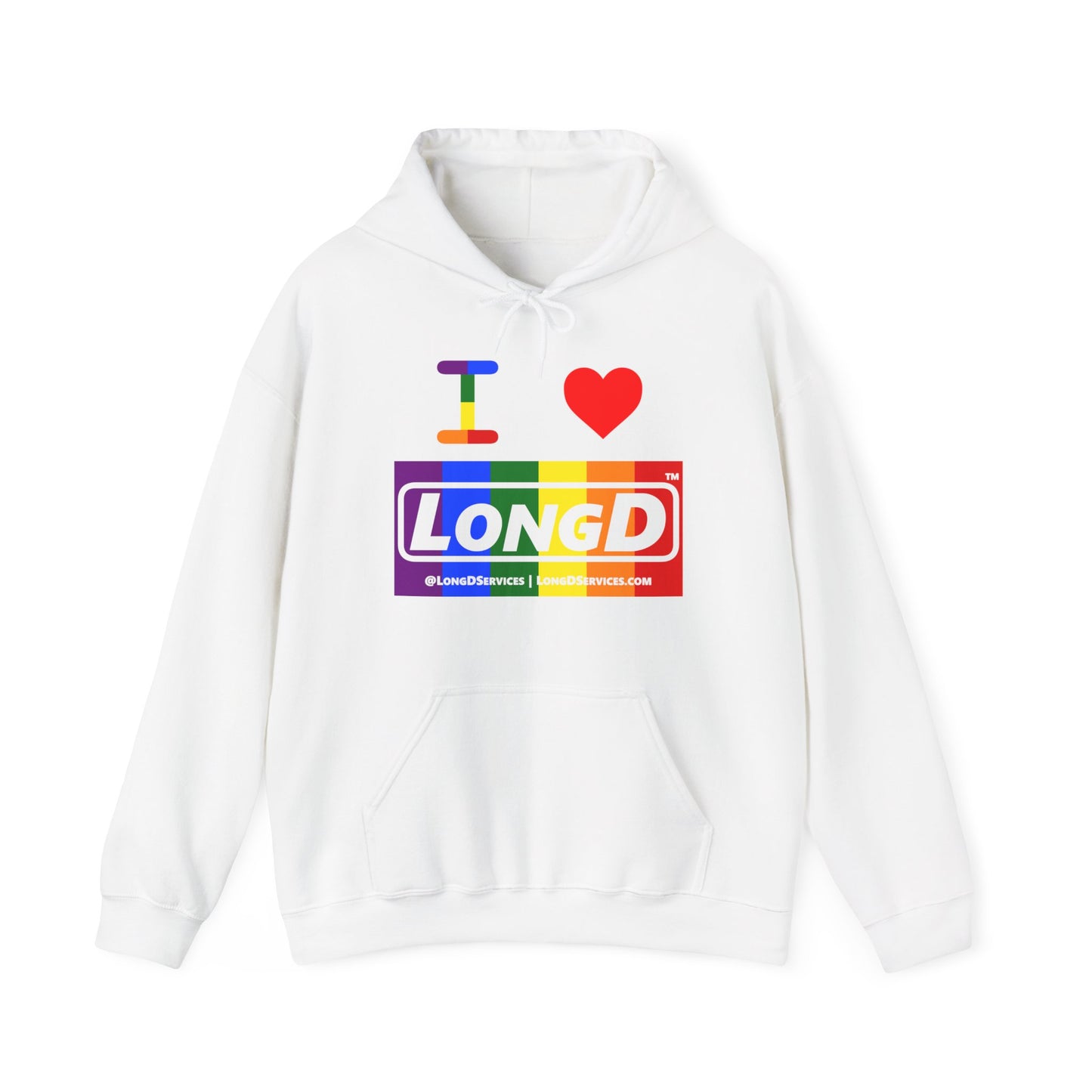 I Luv LongD® Logo Hoodie with Pride rainbow negative text