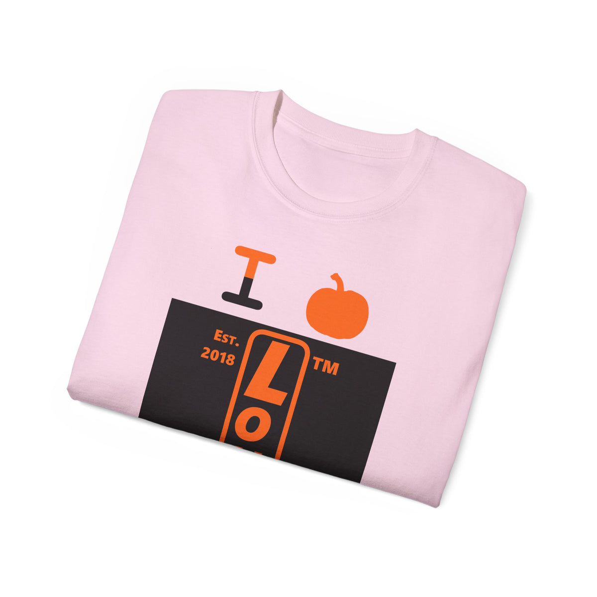 I pumpkin LongD Tag upright logo positive orange on negative black cotton tee