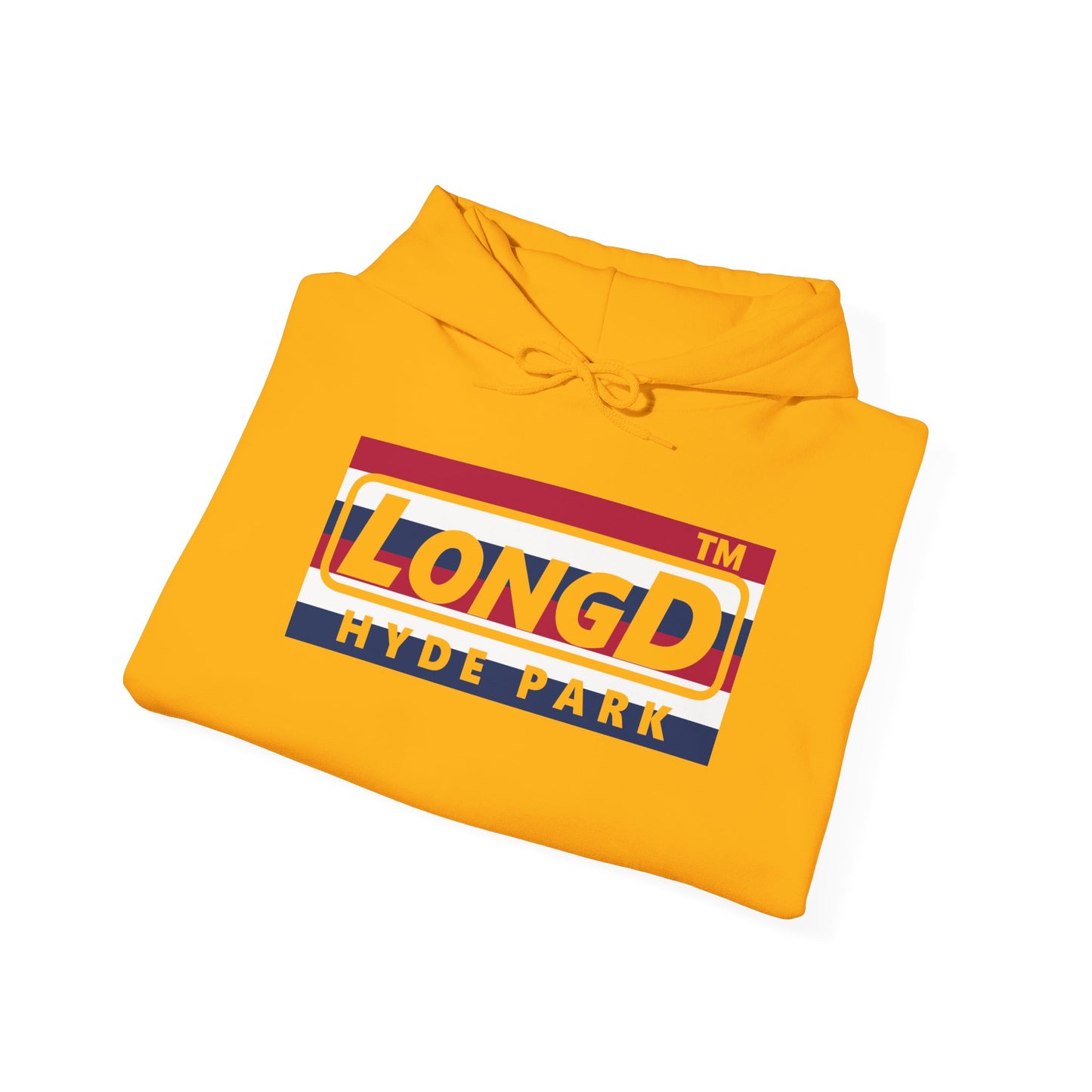 LongD® negative horizontal 6-striped Hyde Park logo hoodie (patriotic colors)