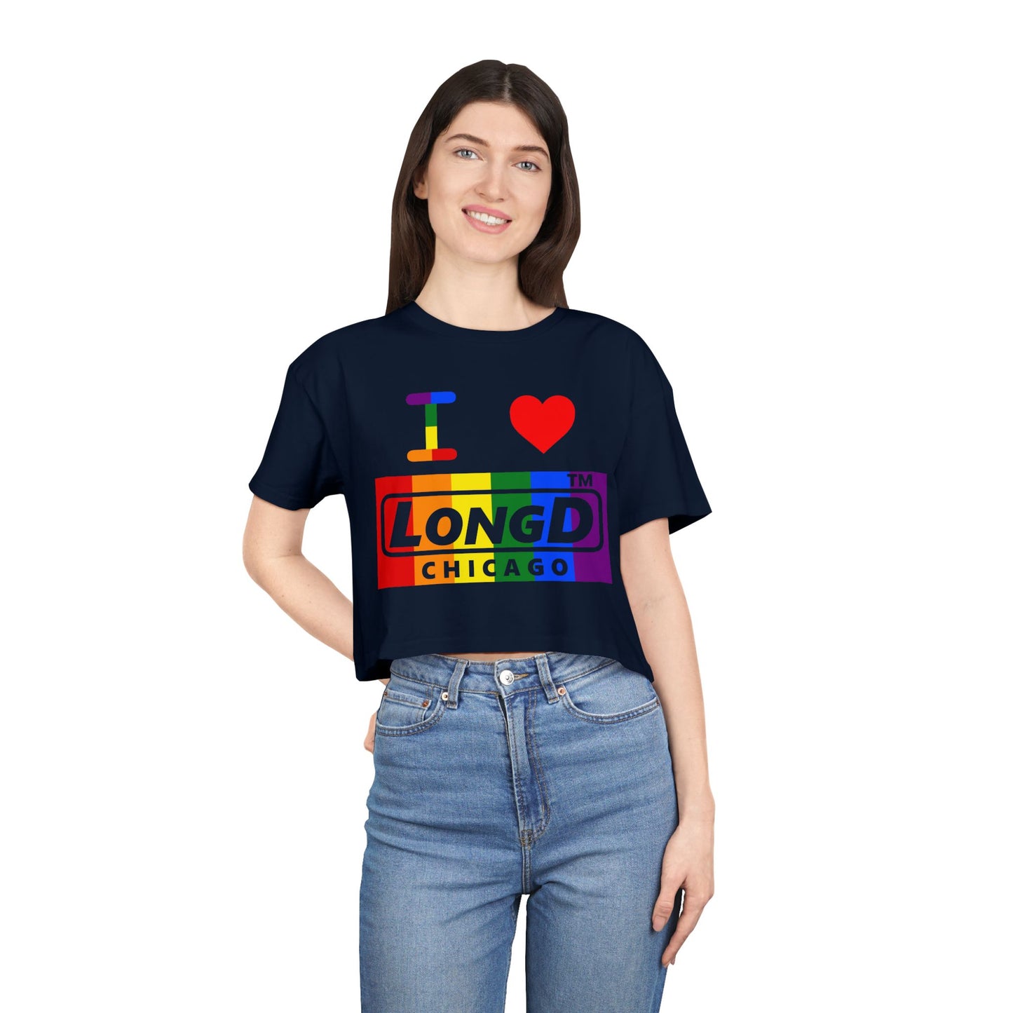 I Luv LongD negative vertical 6-striped Chicago logo crop tee (Pride colors)