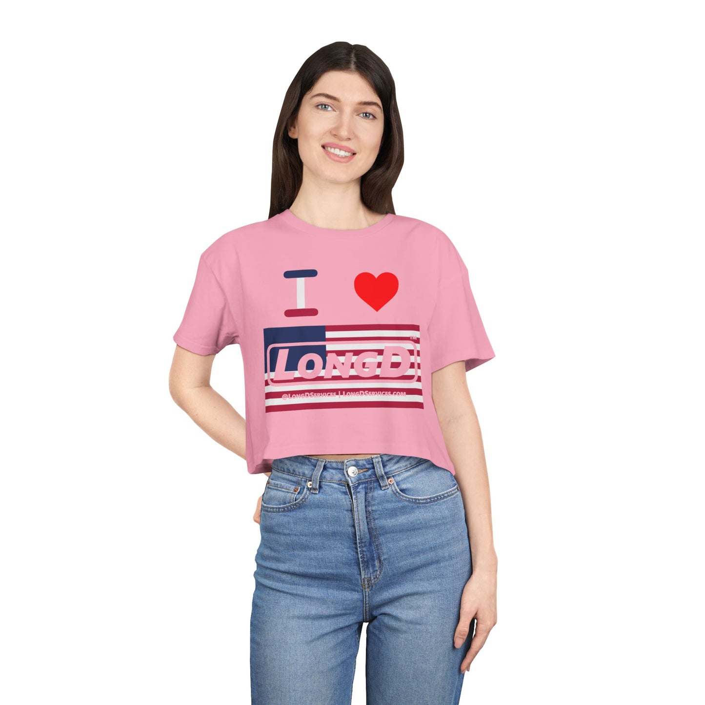 I Luv LongD Logo Women's Crop Tee Red, White & Blue negative flag