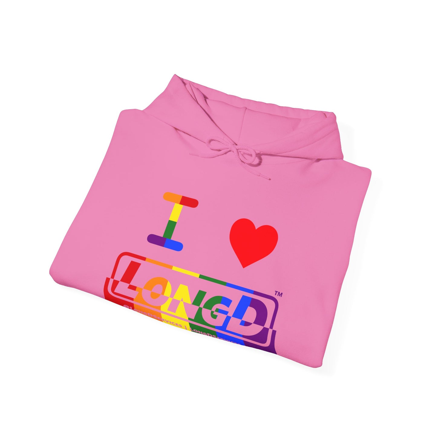I Luv LongD® Logo Hoodie with Pride rainbow positive top negative bottom text