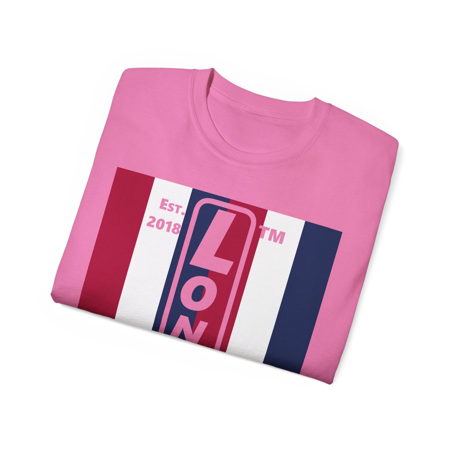 LongD cotton tee negative vertical 6-striped Chicago upright logo (Patriotic colors)