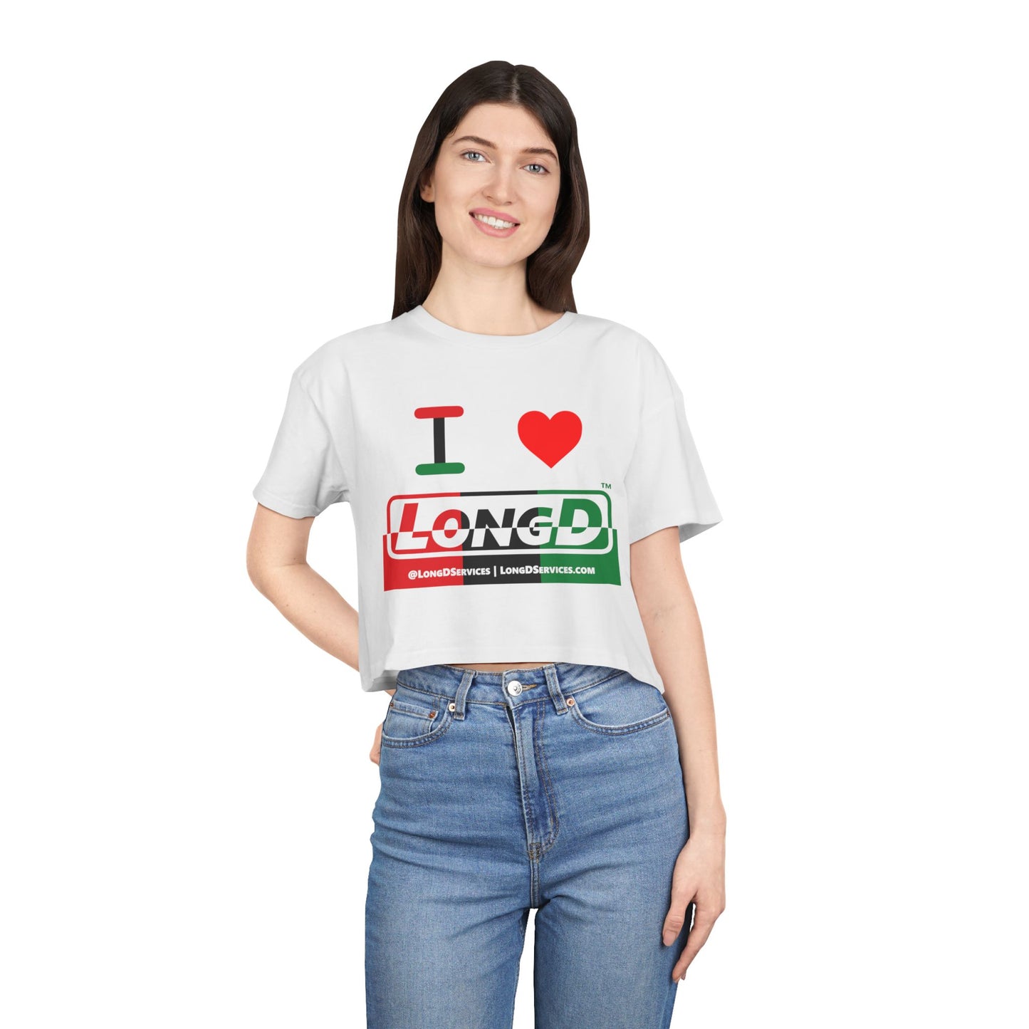 I Luv LongD Logo Women's Crop Tee (Juneteenth positive top negative bottom thirds logo)