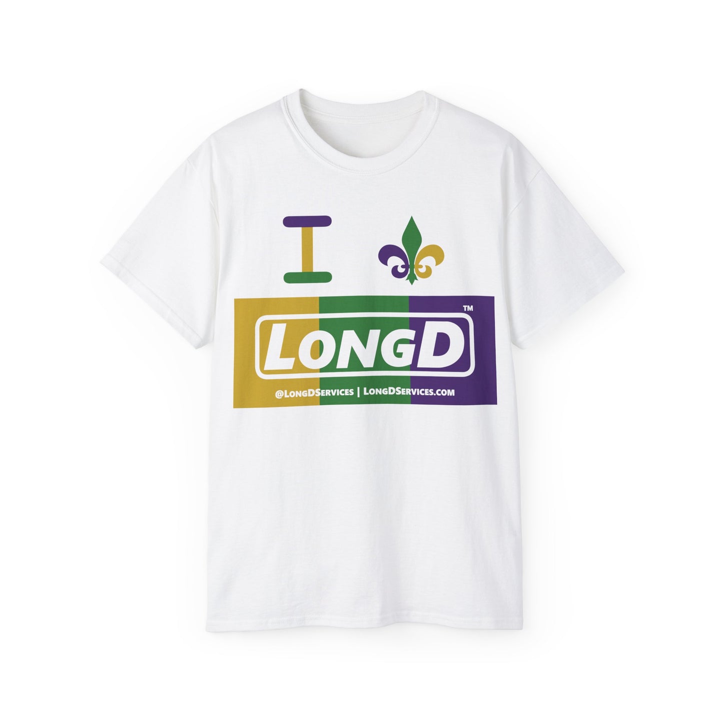 I Fluer LongD® Logo Cotton Tee (Mardi Gras colored text, negative logo & fleur de lis)