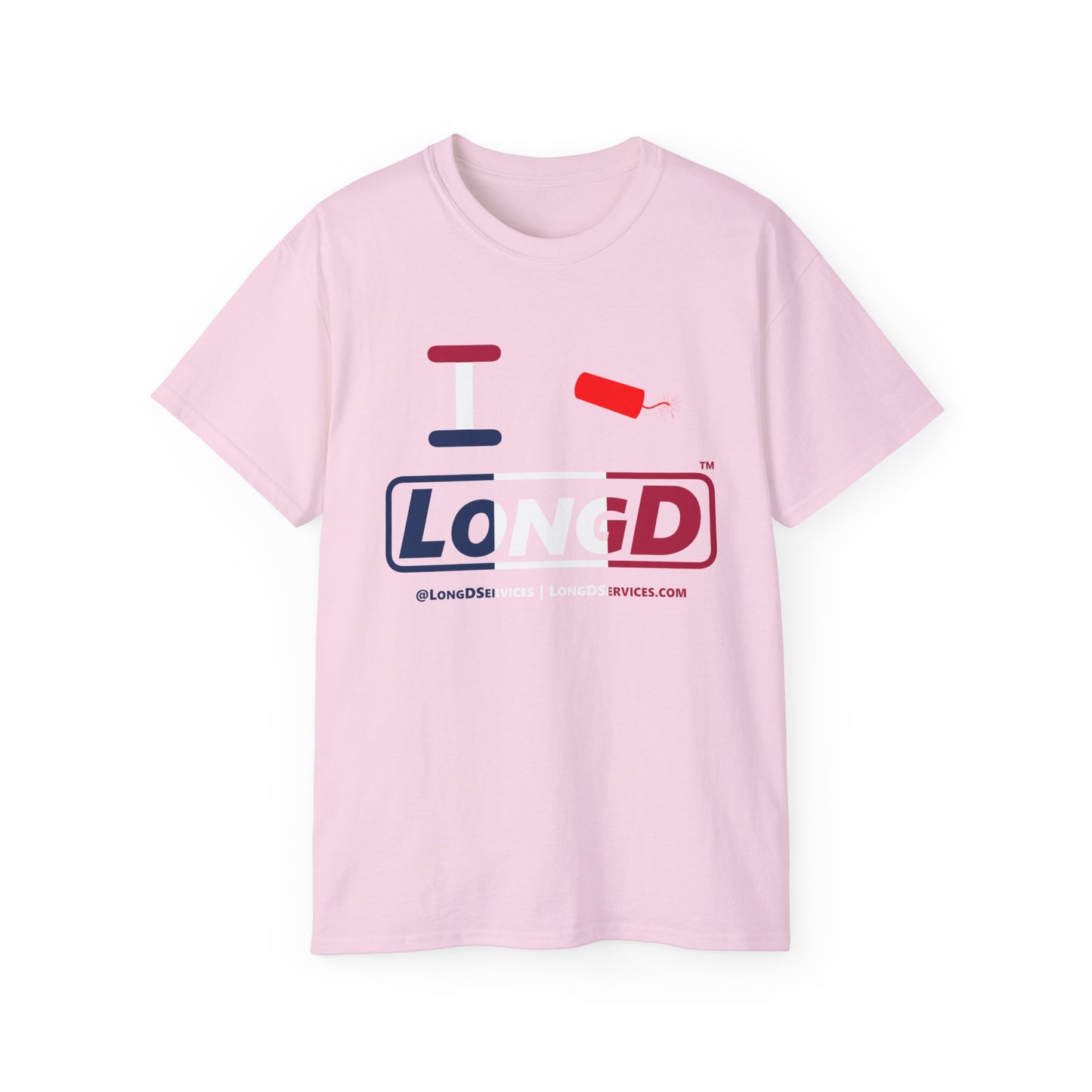 I Firecracker LongD® Logo Cotton Tee Blue, White and Red positive thirds text