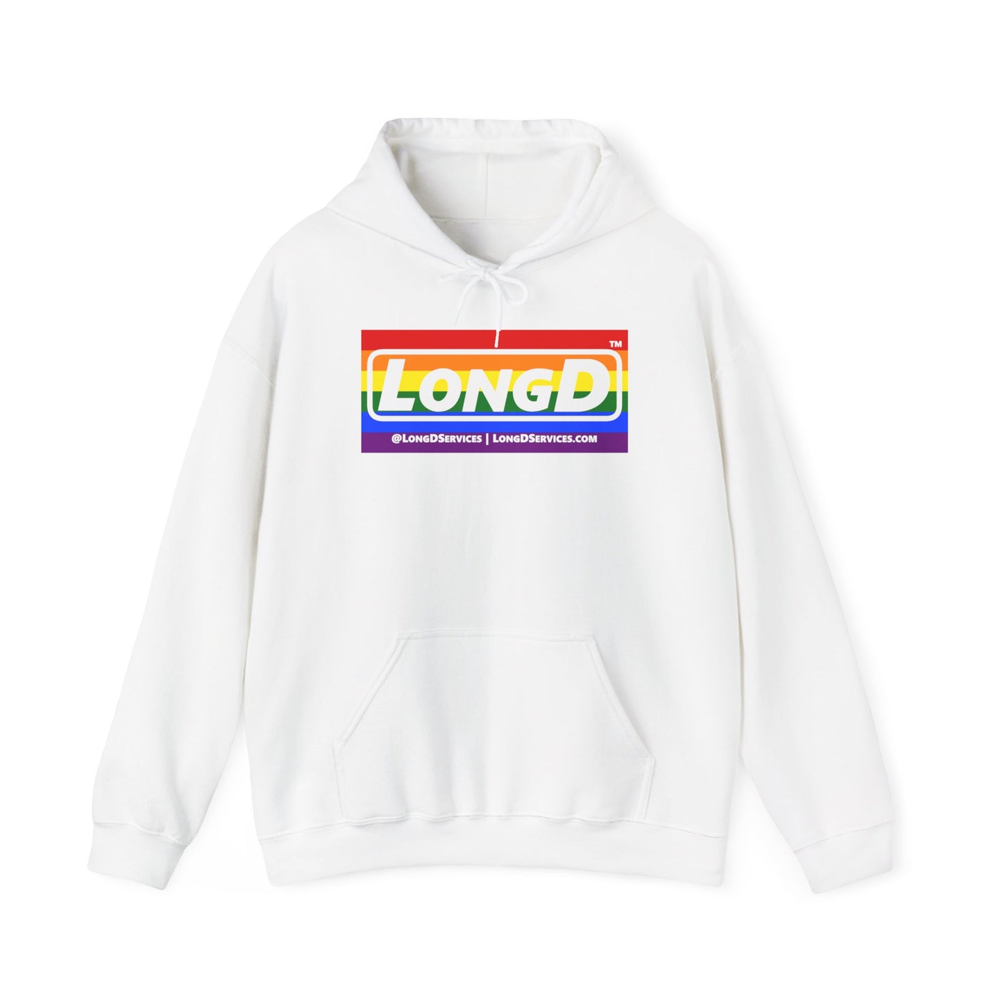 LongD® Logo Hoodie with Pride rainbow striped negative text