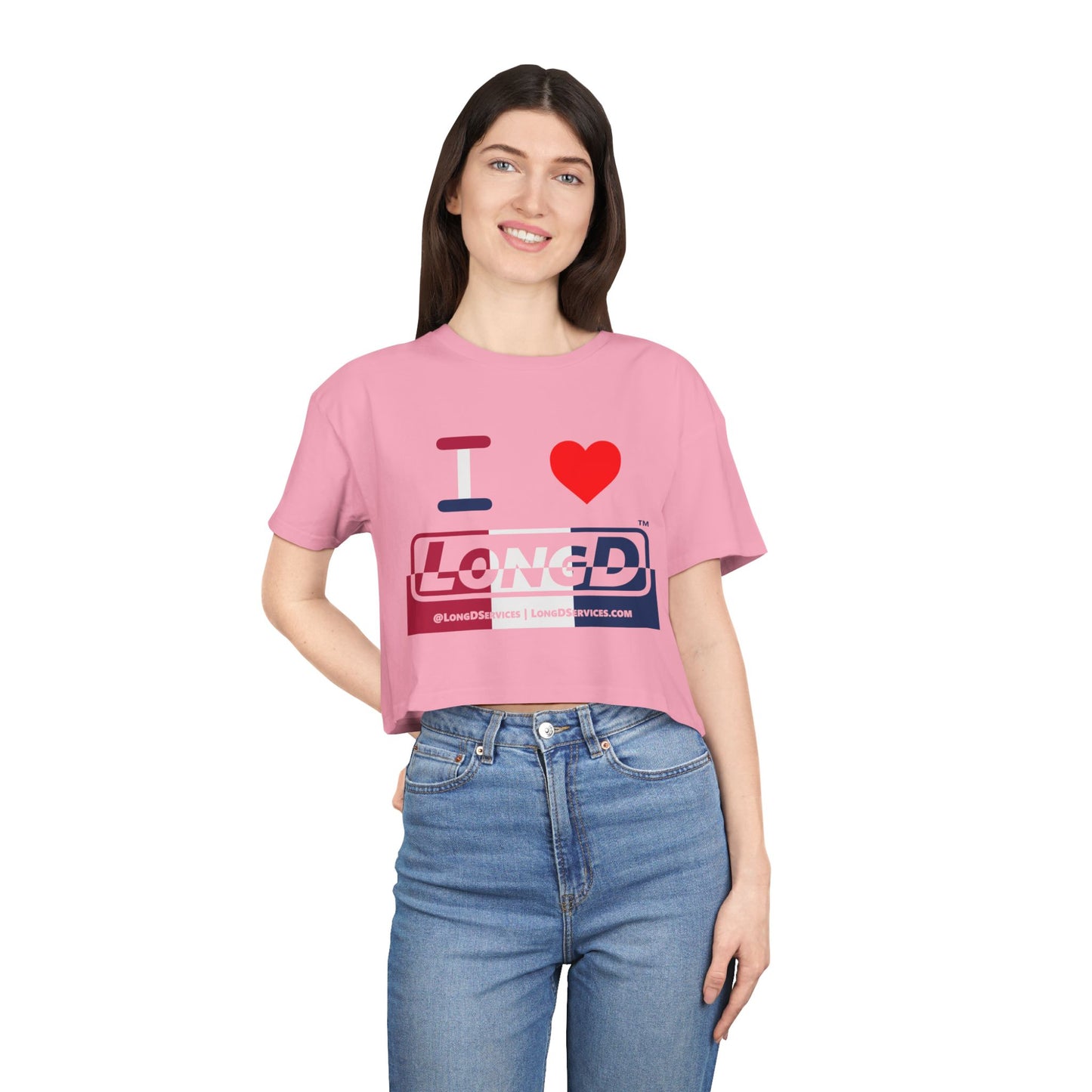 I Luv LongD Logo Women's Crop Tee Red, White & Blue positive-negative split thirds