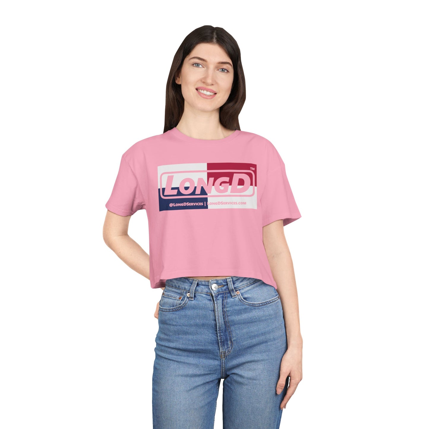 LongD Logo Women's Crop Tee Red, White & Blue negative quarters