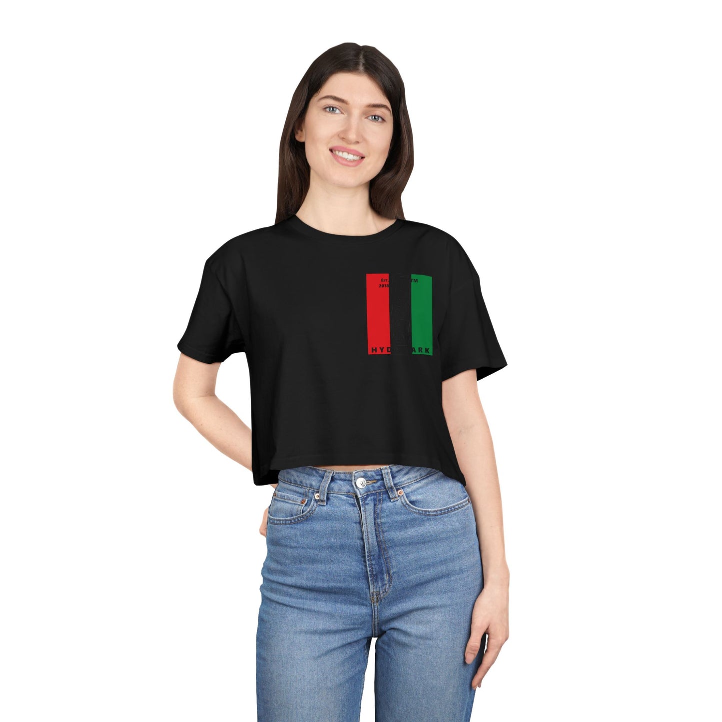 Negative vertical 3-striped upright single-breasted Hyde Park logo crop tee (Juneteenth colors)