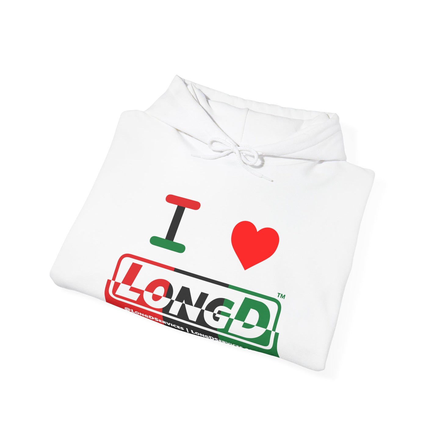 I Luv LongD® Logo Hoodie with Juneteenth positive top negative bottom text