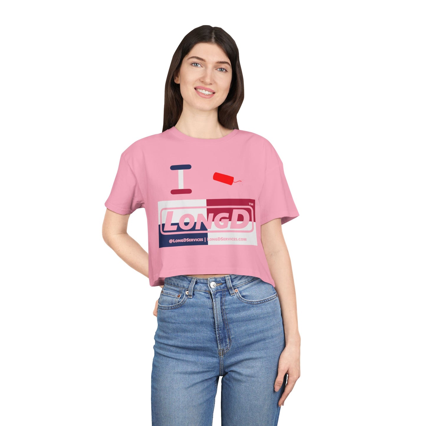 I Firecracker LongD Logo Women's Crop Tee Red, White & Blue negative quarters