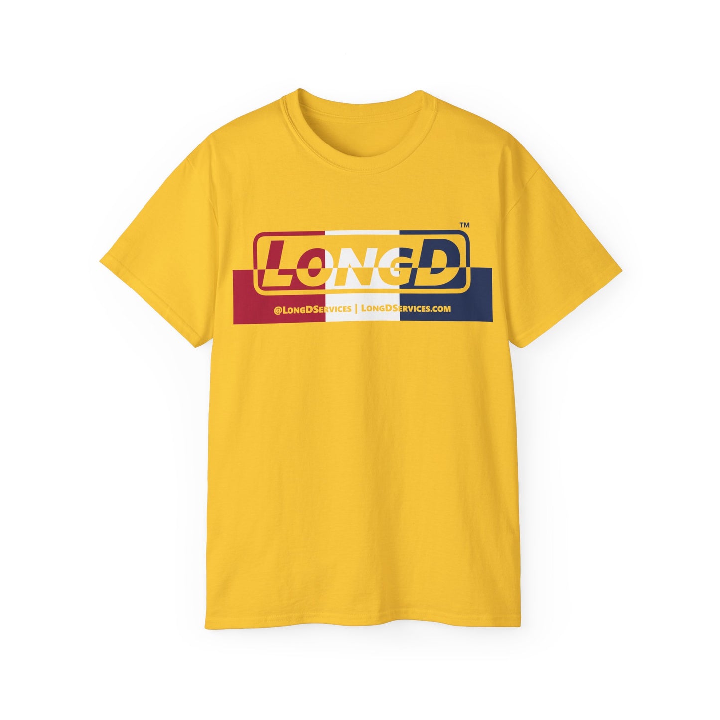 LongD® Logo Cotton Tee Red, White and Blue positive top negative bottom thirds text